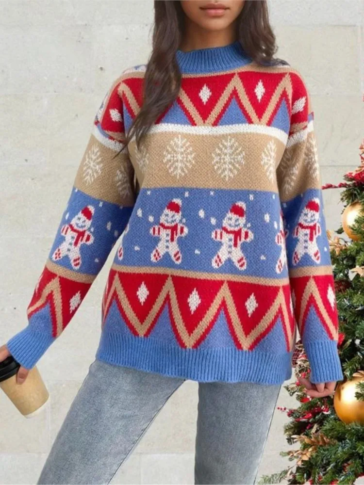 

Casual Crew Neck Loose Knit Sweater Gingerbread Snowman Christmas Top Winter Clothes Woman Pull Femmes Comfortable Trendy Blusas