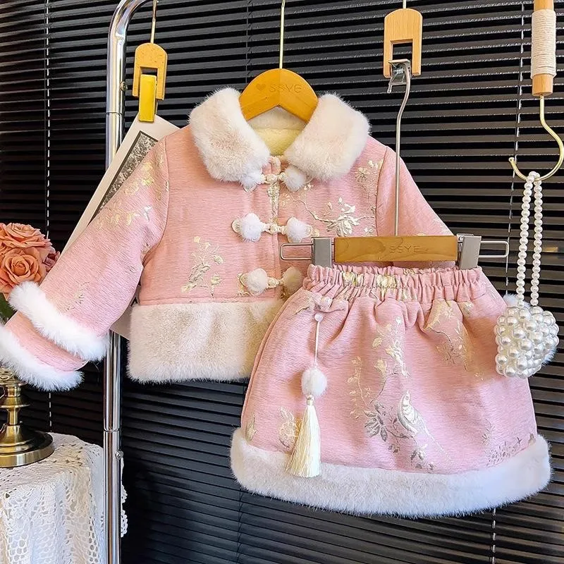 

TOY-Girls' Chinese Style Magpie Landing Fashionable High-End Set Winter Fleece Jacket and Skirt Two-Piece Set Trendy