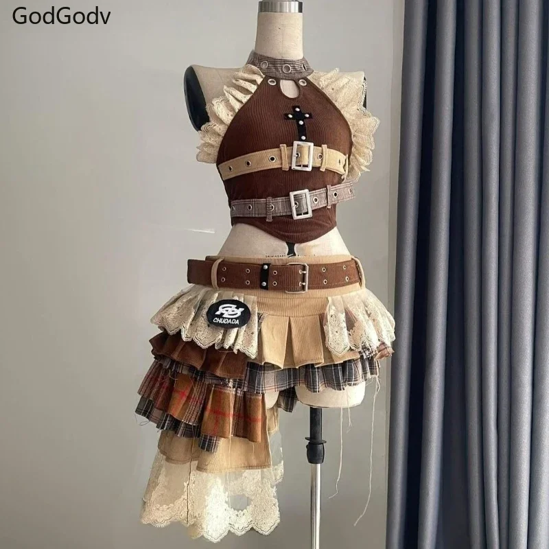 IMU Punk Style Vintage Elegant Y2K Woman 2 Piece Sets Gothic Sleveless Crop Tops +High Waist Ruffle Skirt Female Party Chic Outf