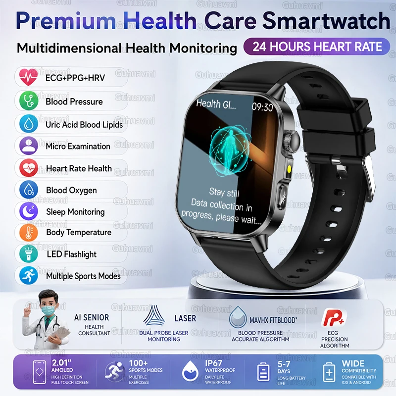 2026 Neue EKG+PPG Smartwatch für Gesundheitsdiagnose, Überwachung, Körperanalyse, Blutdruck, Lipide, Harnsäure – Gesundheits-Smartwatches für Herren