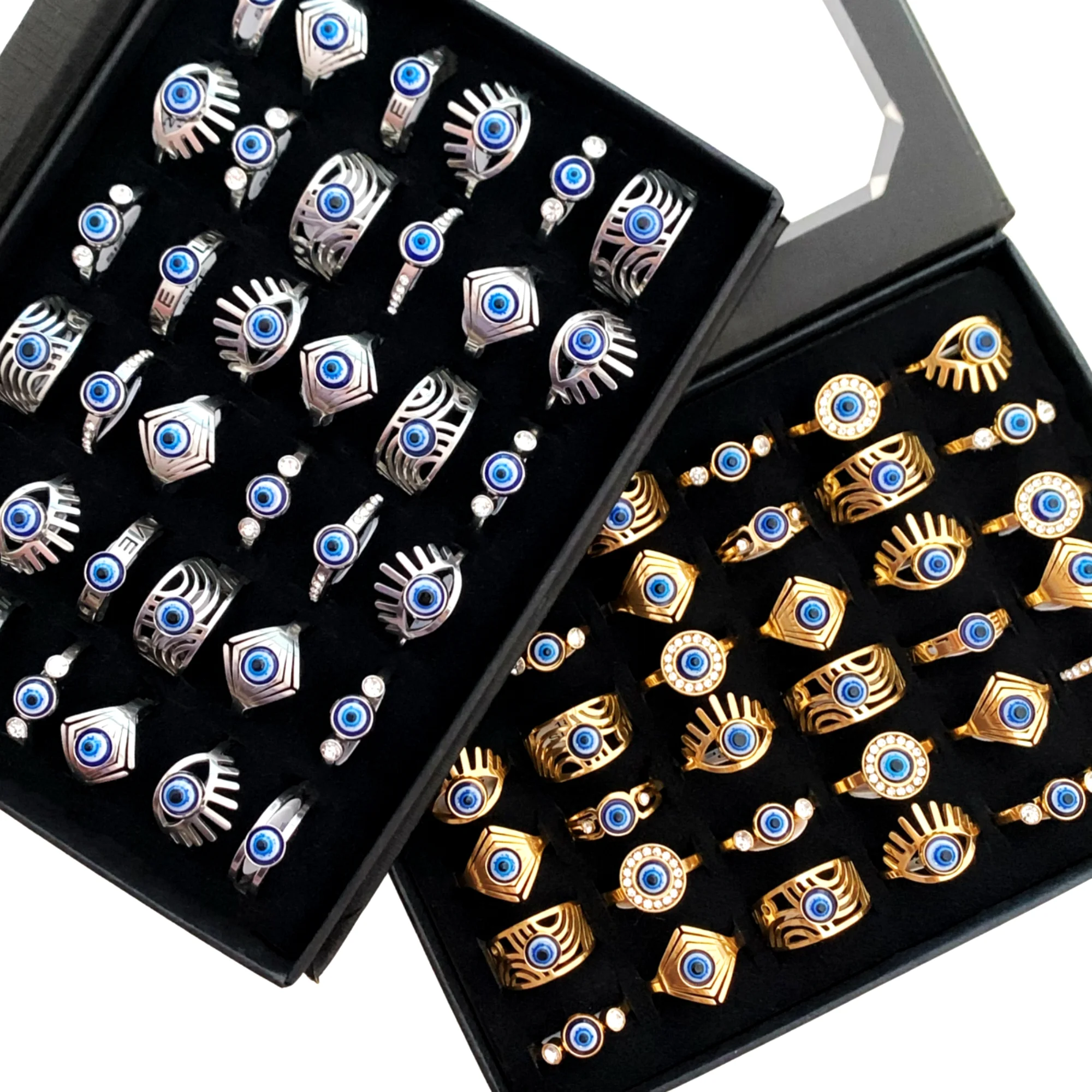 36pcs Lot Wholesale New Mixed Style Blue Evil Eye Vintage Finger Rings Metal Plated For Women Wedding Party Fashion Jewelry Gift