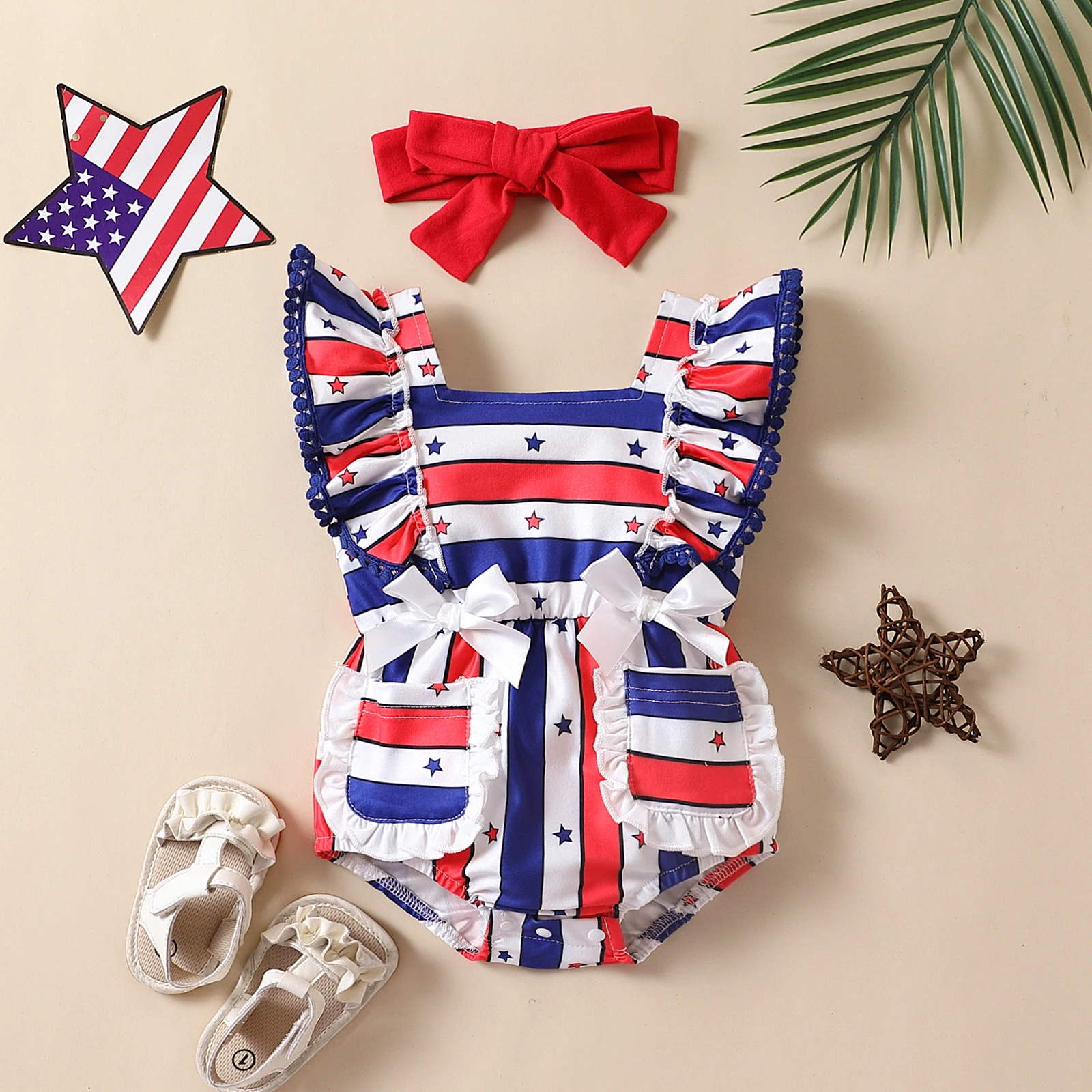 

Summer Girls Bodysuits Independence Day Newborn Kids Flying Sleeve Romper Pocket Clothes Colorful Cotton Rompers