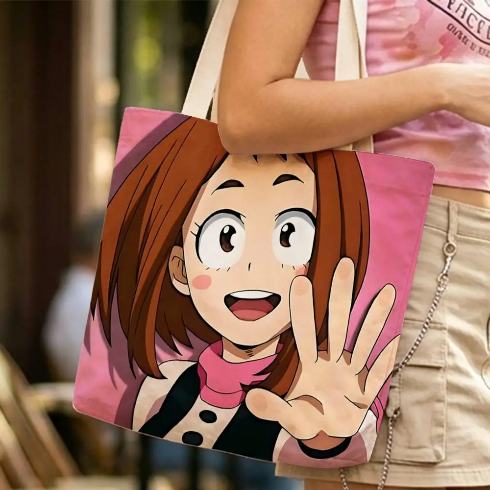 O-Ochaco Uraraka Anime MHA Waterproof Lined Canvas bags suitable for going to class, shopping, gifts, and commuting