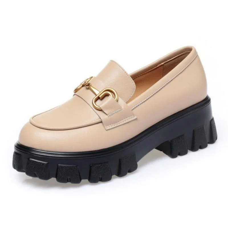 Spring New Slip ons Shallow Shoes Women Metal Chain Buckle Platform Chunky Heels Casual Shoes Loafers 34-43 sapato feminino