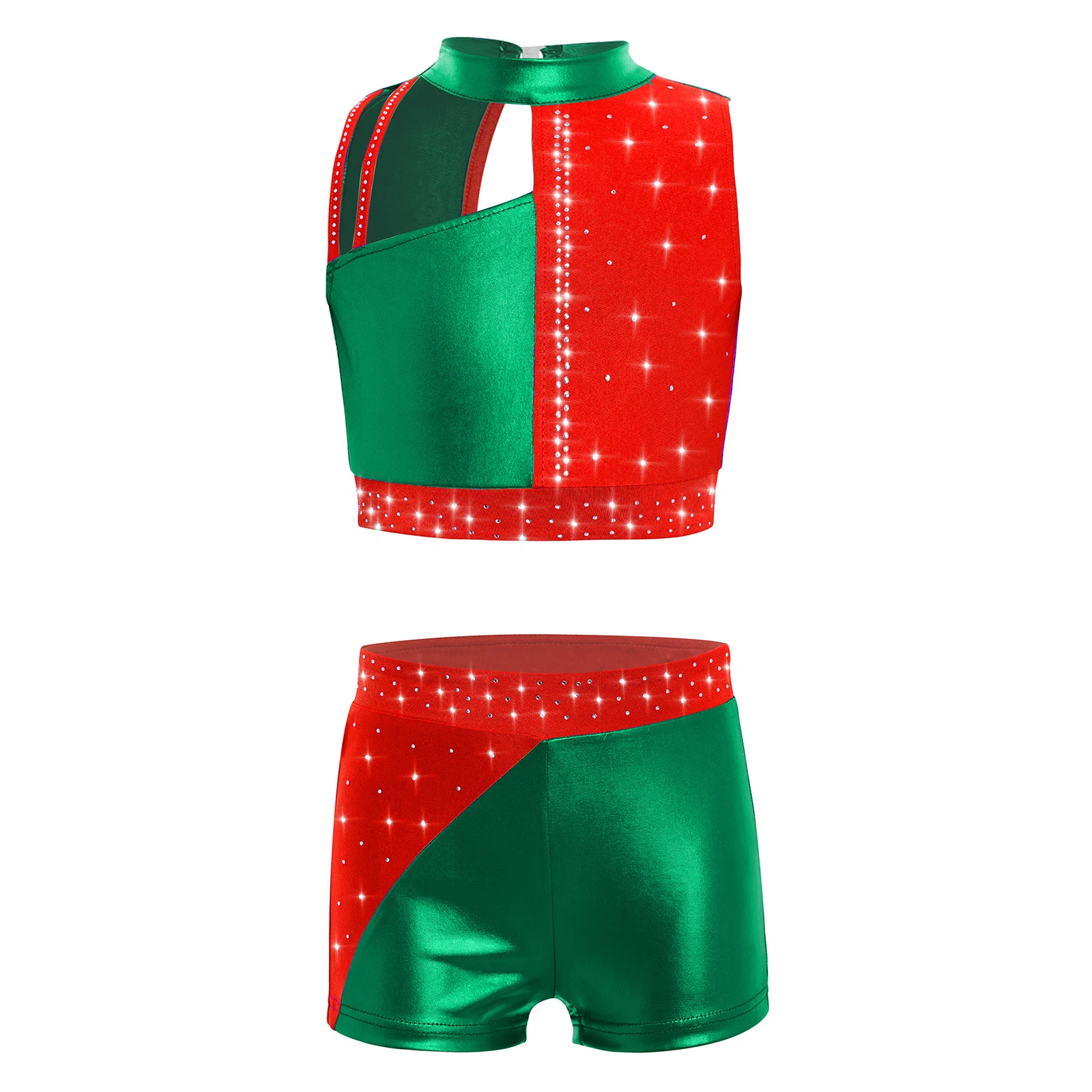 أطفال بنات الجمباز البهلوانية أداء الرقص الزي بلا أكمام لامعة الراين لامع المحاصيل الأعلى مع السراويل مجموعات الرقص #1