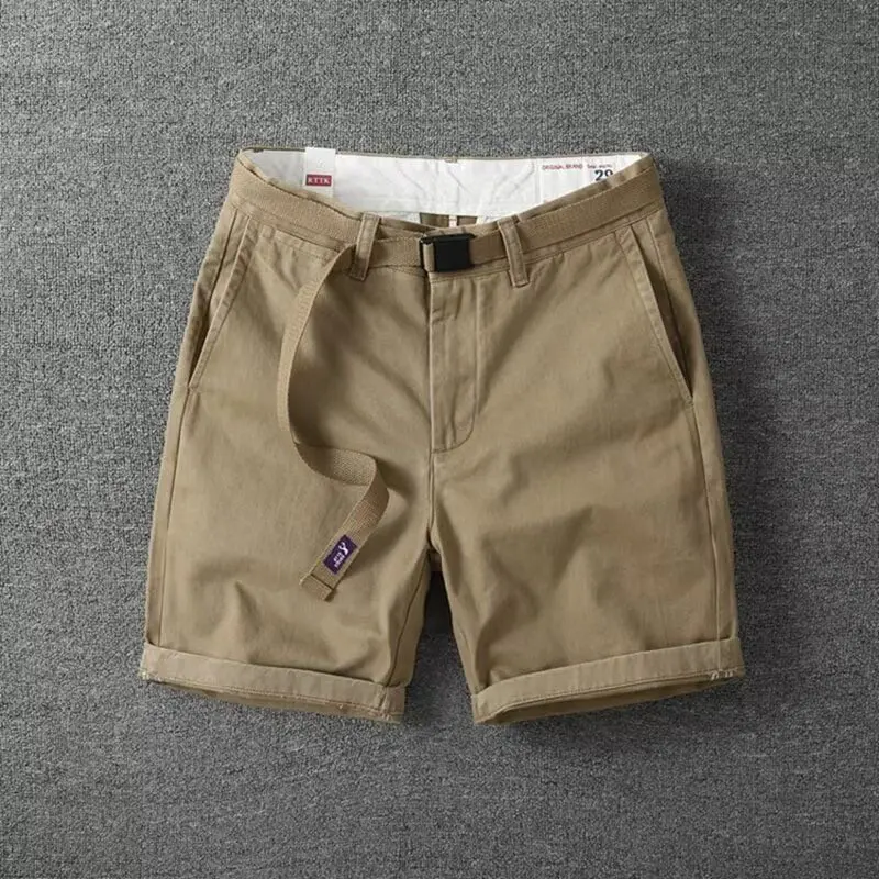 Retro Japanese Style Summer Washed Pure Cotton Khaki Workwear Five-Quarter Loose Fit Casual Shorts for Men Straight Leg