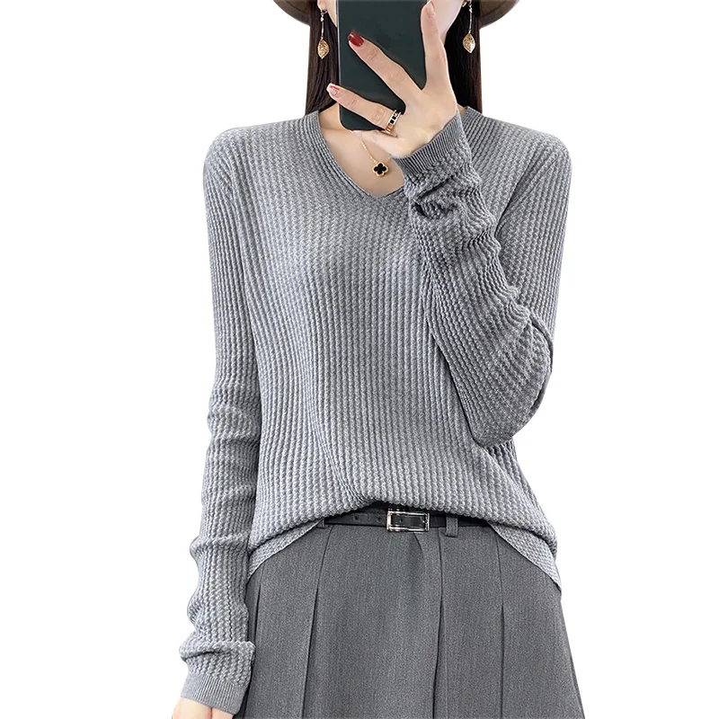 Women 100% Merino Wool Silk Sweater V-neck Folded Honeycomb Grid Pullover Spring Autumn Cashmere Casual Knit Warm Bottoming Tops