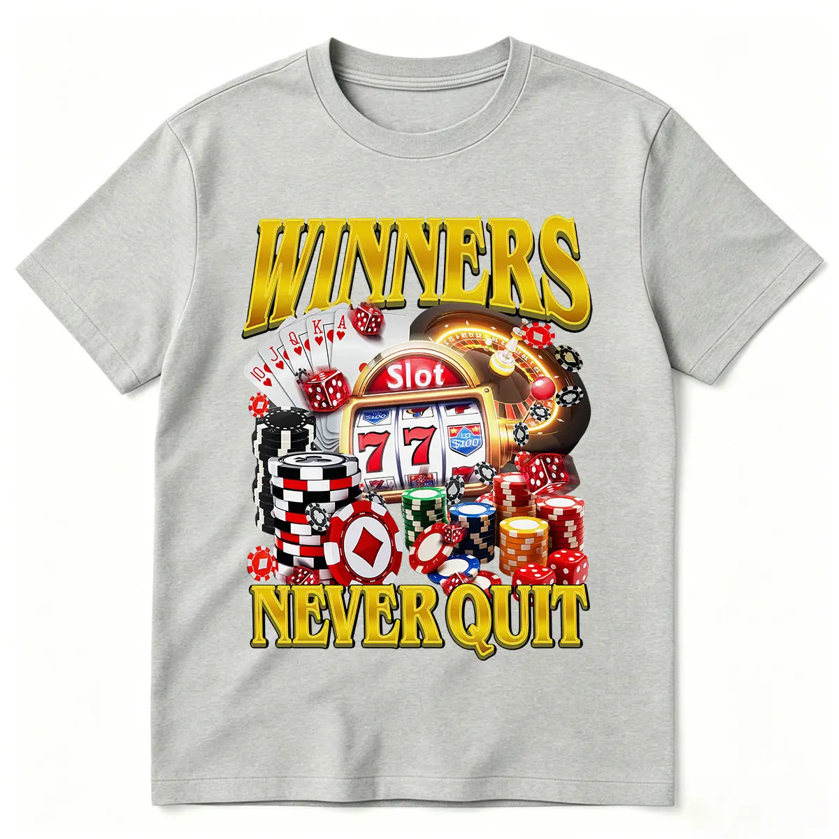 Winners Never Quit Funny Gambling T-Shirt, Vintage Bootleg Casino Meme Tee Shirt Slot Machine Poker Chips Retro Vegas T Shirt