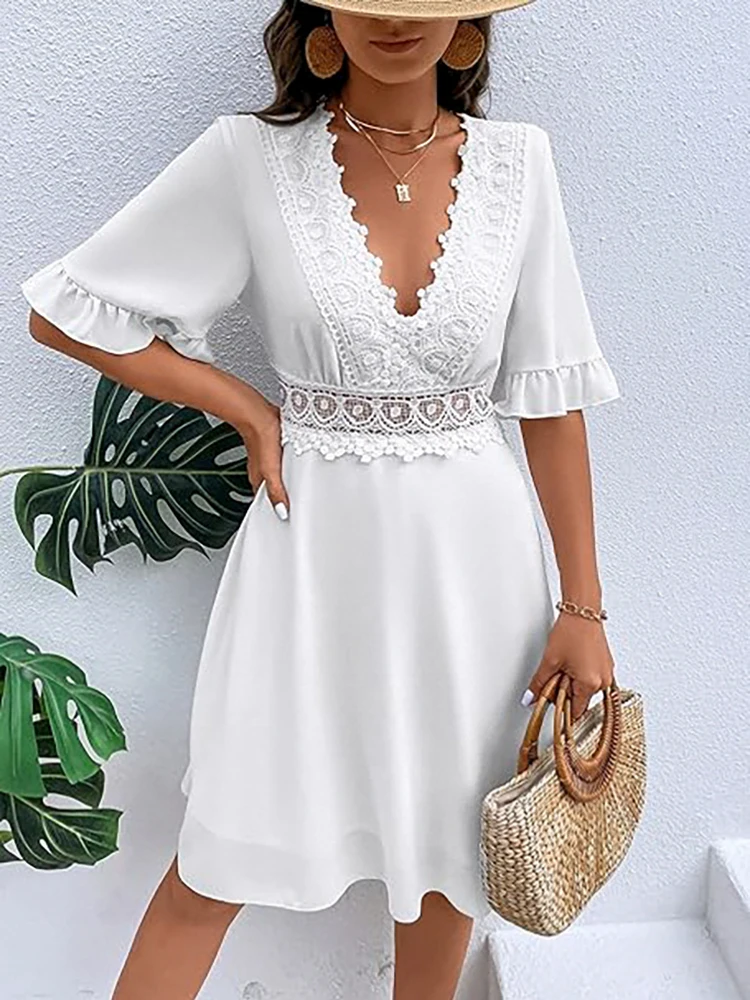 Mugen Plus Size Dress Lace V-Neck 2024 Women‘s Clothing For Summer Loose Solid Color Ruffle Sleeves Plus Size Casual Dresses