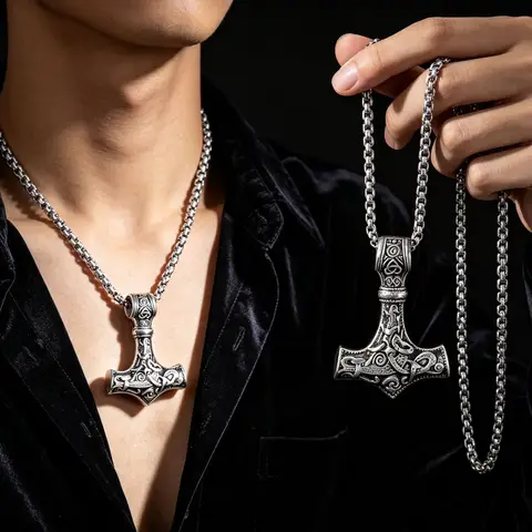 Stainless Steel Viking Hammer Vintage Odin Nordic Pendant Necklace Jewelry Chain for Men Daily Party Wear Accessory Gift