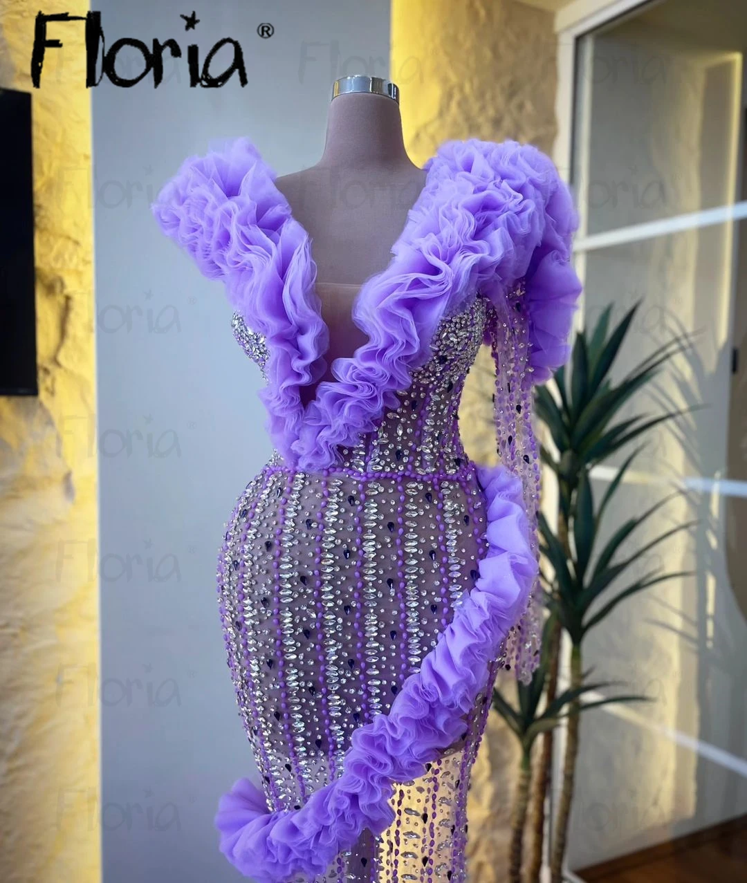 

Floria 2024 New Formal Occasion Dresses Illusion Purple Ruffles Sequin Mermaid Evening Prom Party Floor Length Dress Cocktail