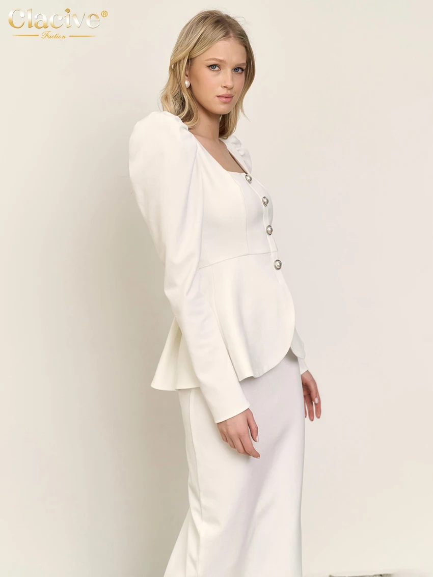 Clacive Elegant White Office Women's Sets 2024 Fashion Long Sleeve Shirt With High Waist Midi Skirts Sets For Women 2 Pieces
