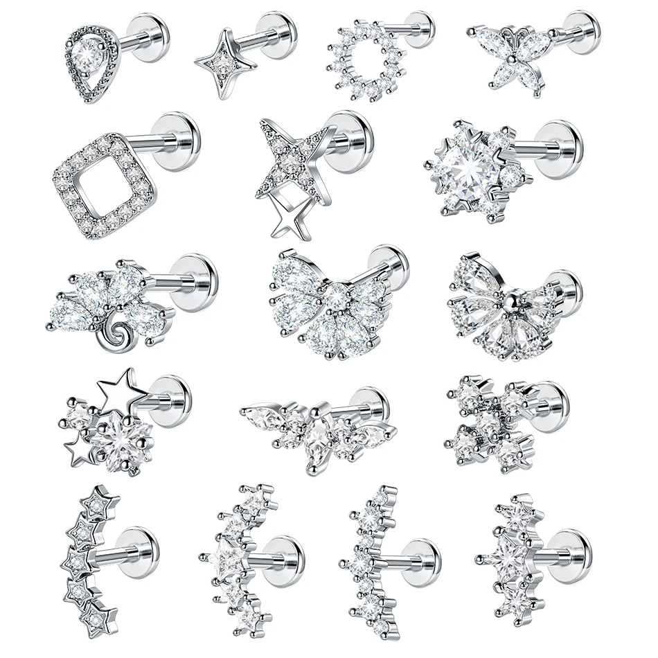 1/5PCS Steel CZ Ear Cartilage Stud Earrings for Women Internal Thread Zircon Flower Ear Lobe Tragus Helix Lip Rings Jewelry 16G