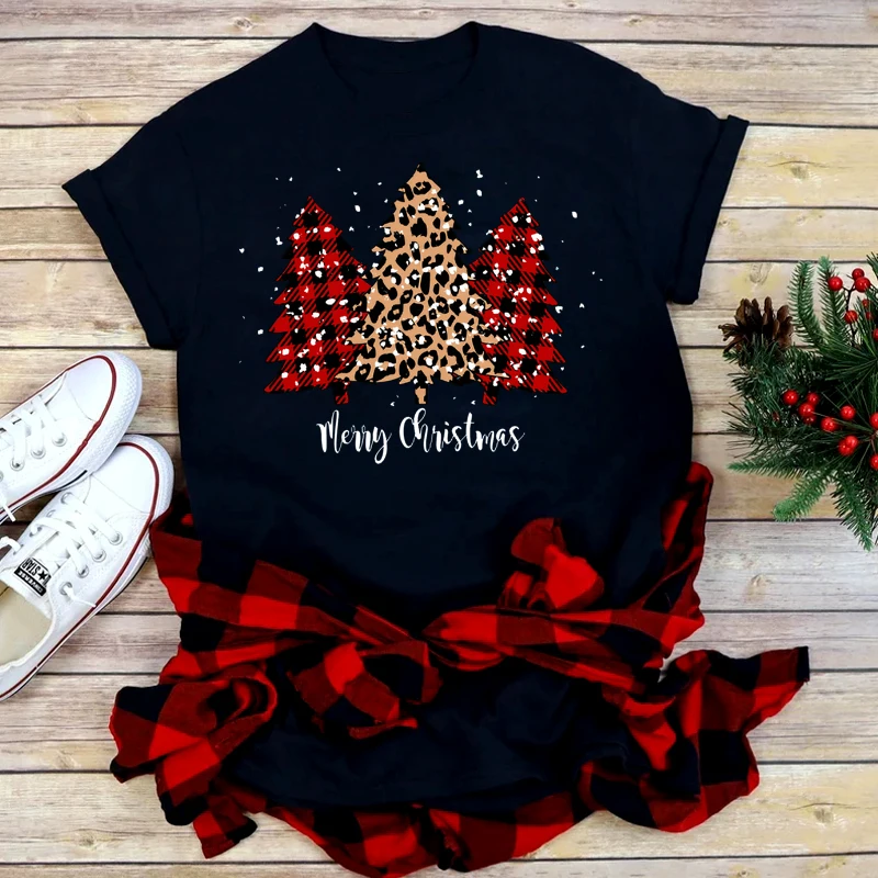 Merry Christmas Lattice Printed Women T-shirt Hip Hop Christmas Tree Female Clothes Fashion Short Sleeve Tees Xmas Party