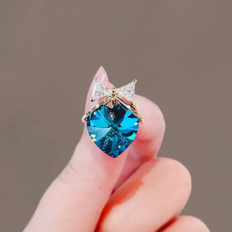 Fashion Delicate Blue Crystal Heart Drop Bowknot Brooch Pin For Women Clothing Coat Accessories