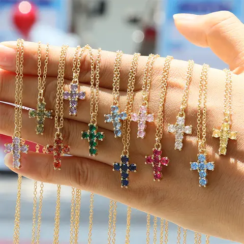 12 Birthstone Cross Pendant Clavicle Chains Necklaces For Women Blue Red Green Pink Zircon Choker Christmas Day Jewelry Gifts