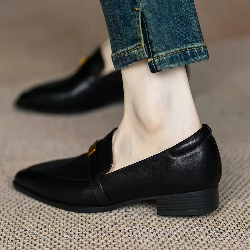 Women Pointed Toe Heeled Loafers Shoes Chunky Soft Leather Shoes Spring 2026 Luxury Brand Office Shoes Comfort Walking Zapatos