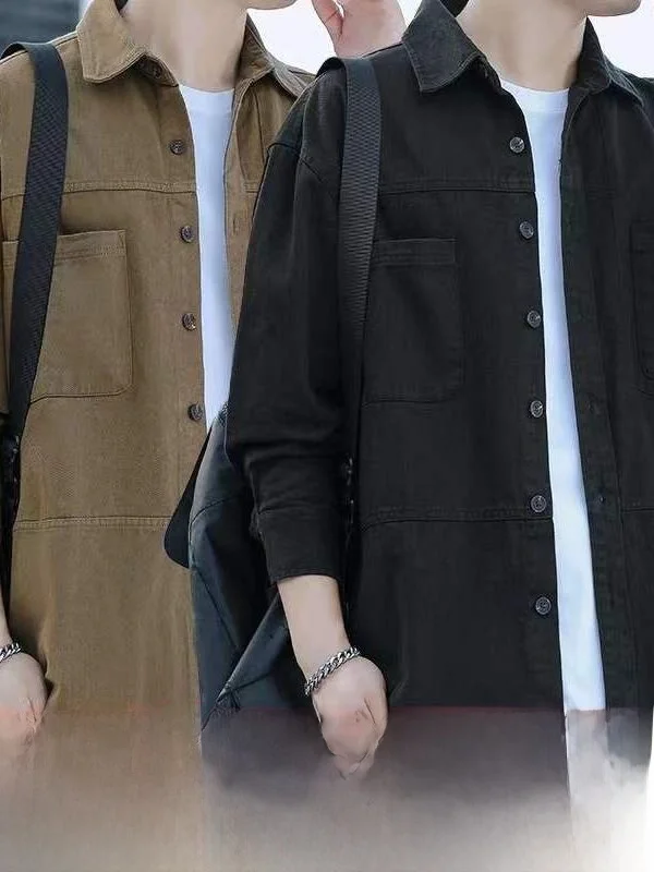 

Loose Fit Long Sleeve Casual Shirt Men's Spring Autumn Japanese Trendy Brand Turn-down Collar Workwear Outerwear for Men