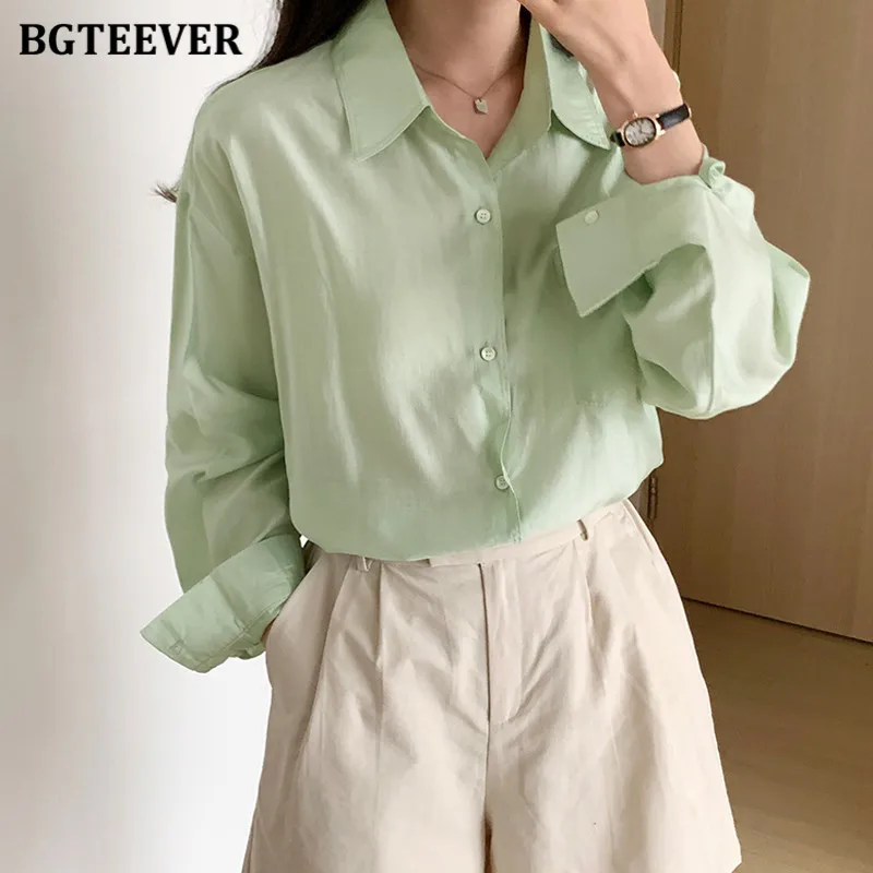 BGTEEVER Casual Full Sleeve Loose Women Blouses Tops Summer Turn-down Collar Pocket Ladies Cotton Shirts Basic