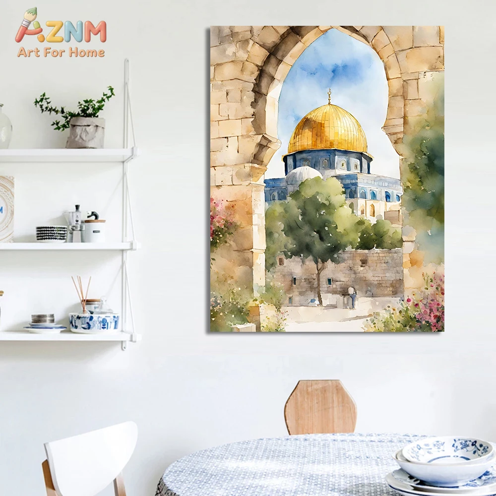 AZNM Watercolor Islamic Architecture Canvas Wall Art, Dome of the Rock Kaaba Masjid Print, Frameless Muslim Mosque Landscape Ill