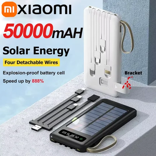 Banco de energía Solar de 50000mAh, batería de carga rápida móvil de gran capacidad, USB Dual, 4 Cables para iPhone, Samsung, Huawei, Xiaomi