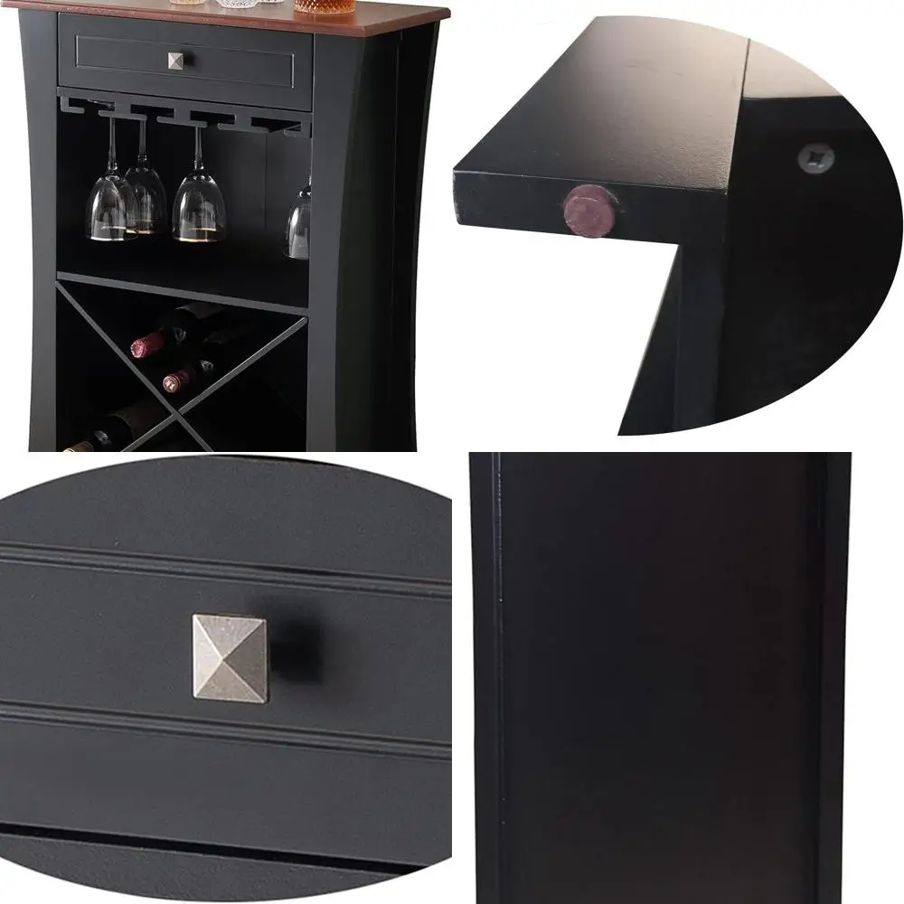 

Шкаф для винного бара из дерева черного и естественного тона со встроенной стойкой для хранения вещей