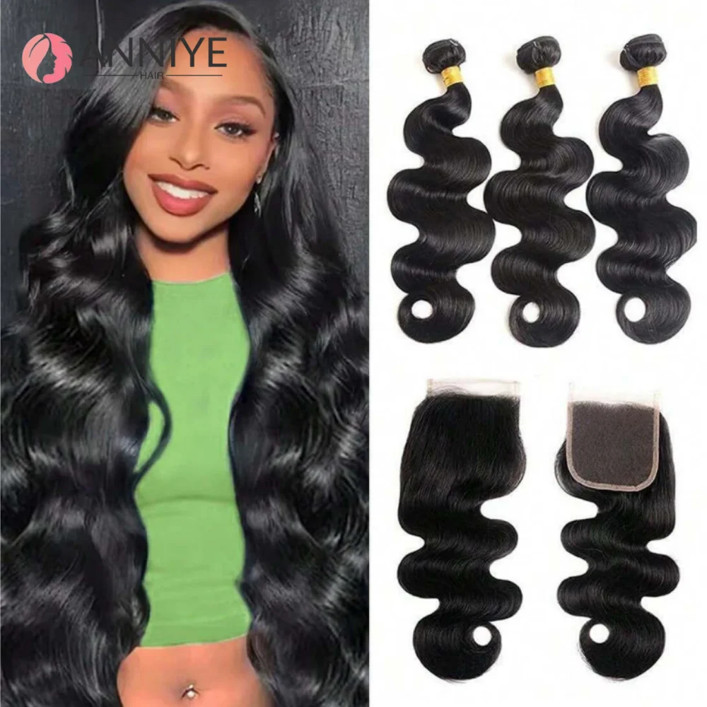 12Aグレードのボディウェーブ人毛ヘアエクステンション、4x4生ナチュラルヘアウィーブ、3束と4x4透明レースクロージャー付き