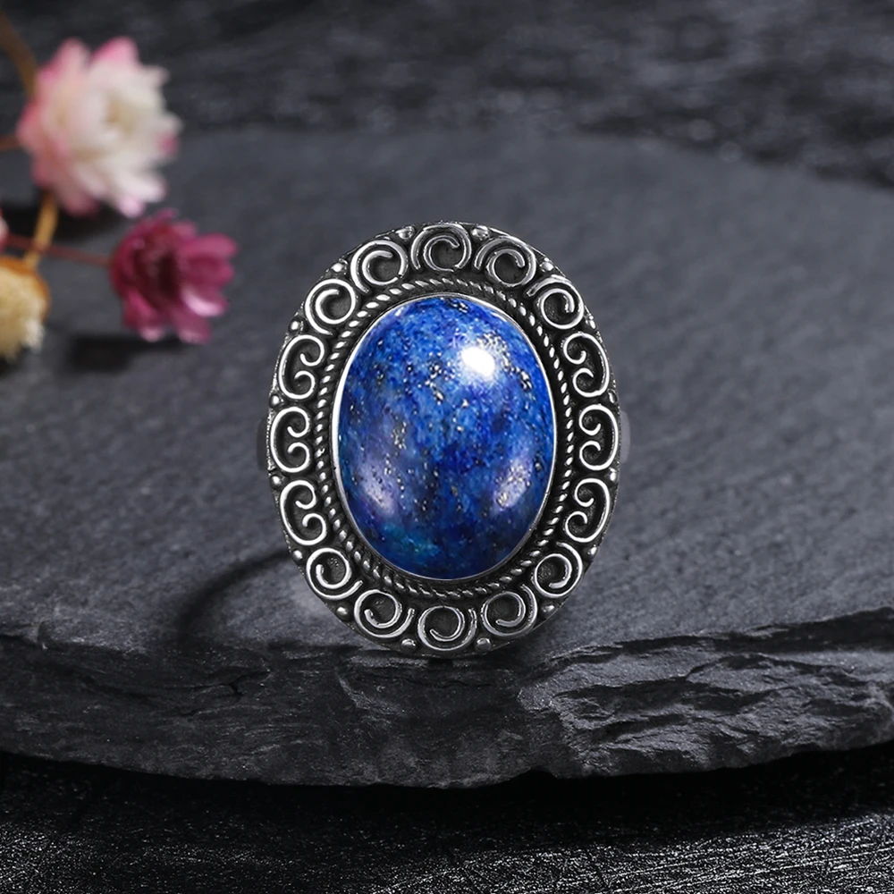 S925 Sterling Silver Rings Big Oval Natural Labradorite Moonstone Rings for Men Women Wedding Engagement Ring Trendy Jewelry