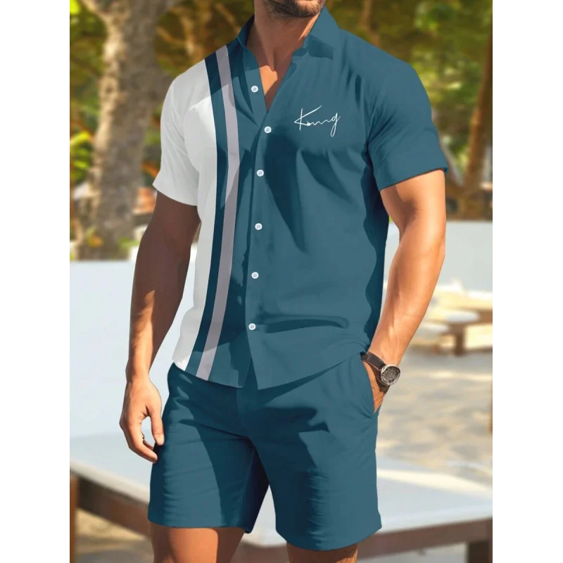 Summer Men's Shirt Suit Simple Striped Printed Shirt + Loose Drawstring Pants,Comfortable Beach Suit Stylish Men's Daily Outdoor