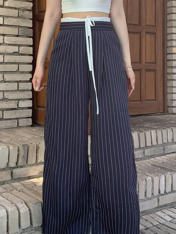 Faionable Casual Hosen frauen 2025, Sommer Neue Anti-Aging Patchwork Streifen Breite Bein West Hosen Sli Ele Bequem