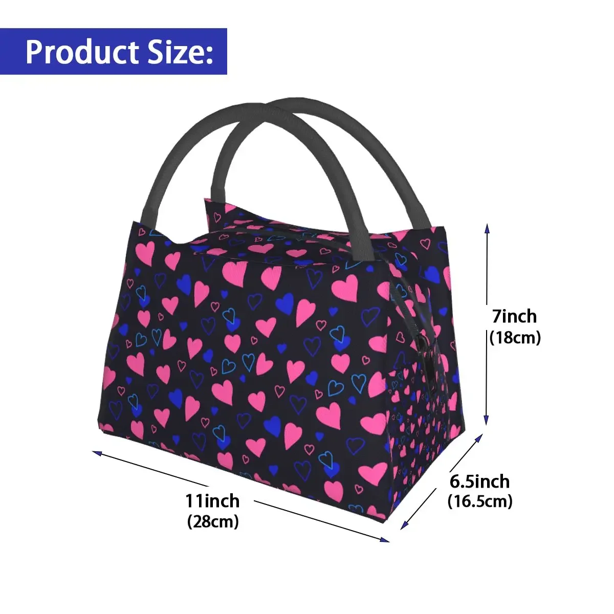 Hearts Print Lunch Bag Love Doodle Portable Zipper Lunch Box School Graphic Cooler Bag Casual Oxford Thermal Lunch Bags