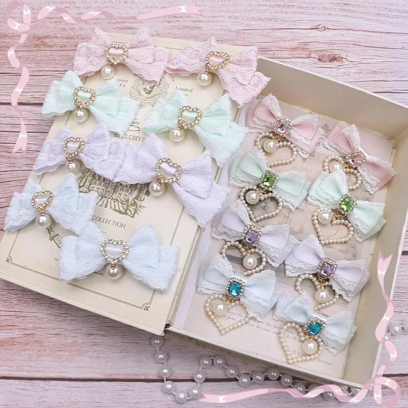 

Заколка для волос в стиле Лолита, японская милая боковая заколка с кружевным бантом и подвеской в виде сердца, женский аксессуар для волос