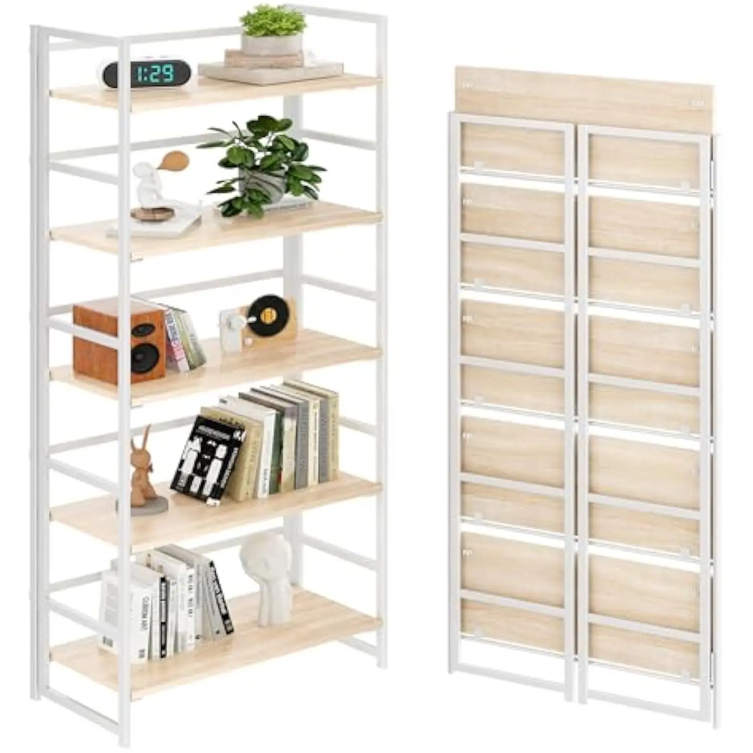 

BHG Vintage Multifunctional Folding Bookshelf, No-Assembly Plant Stand Storage Rack Shelves for Home Office (White, 5-Tier)