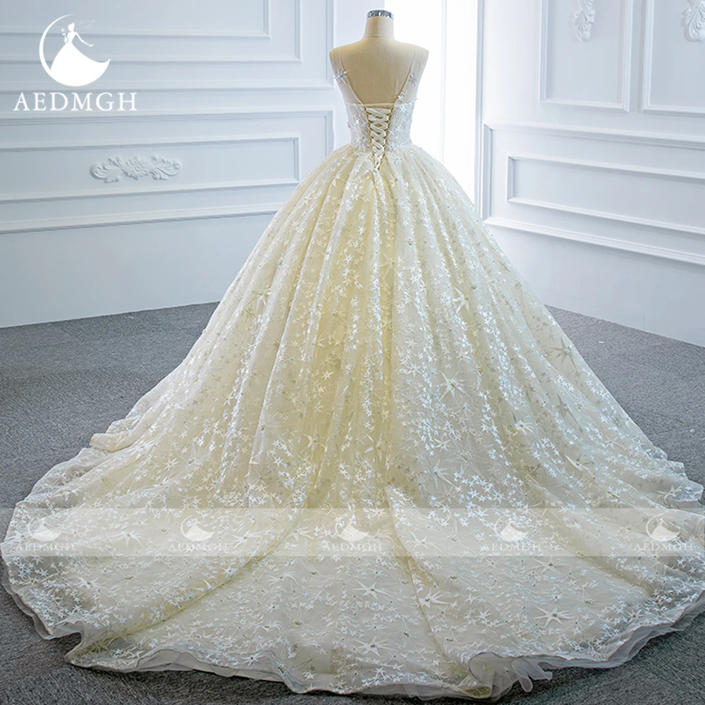 Aedmgh Ball Gown Abiti da sposa vintage O-Collo senza maniche Vestido De Novia Pizzo lucido Corte dei treni Abito da sposa su misura