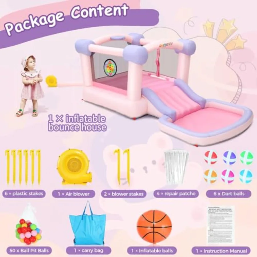 풍선 놀이터 점핑 캐슬 슬라이드 바운서 유아용 뒷마당 바운시 하우스 (송풍기, 볼풀, 농구대, 다트 포함)