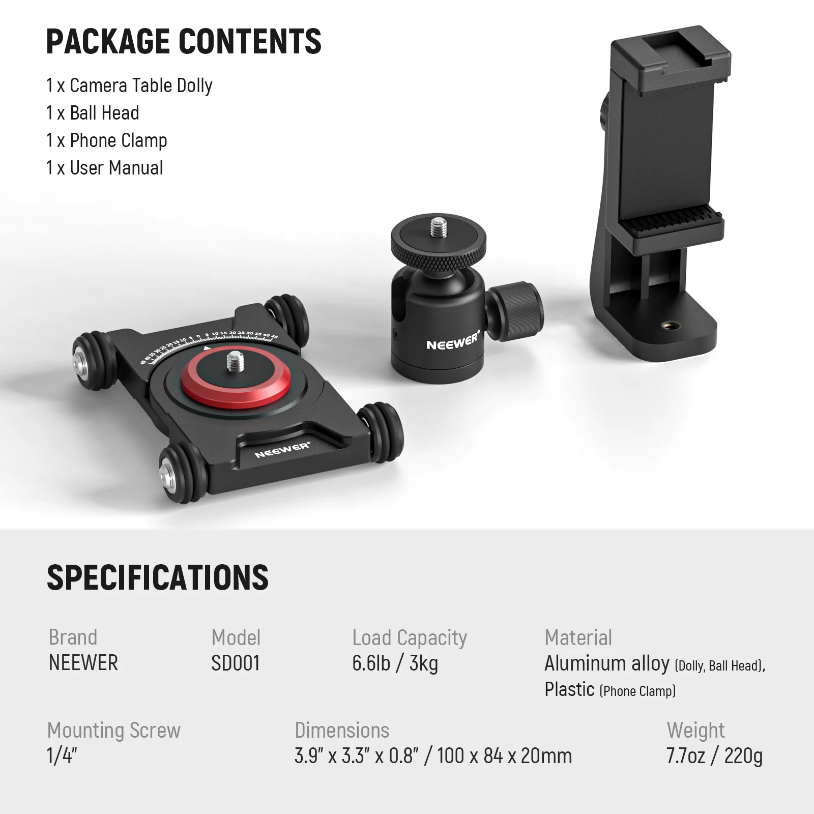 Neewer Kamera Slider Dolly mit Kugelkopf & Telefon klemme 4 Räder Tischplatte Dolly manueller Skater mit 360 ° Panorama – Detail 7