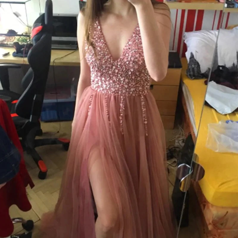 

2025 New Mesh Splicing Deep V-Neck Sexy Wedding Evening Dress