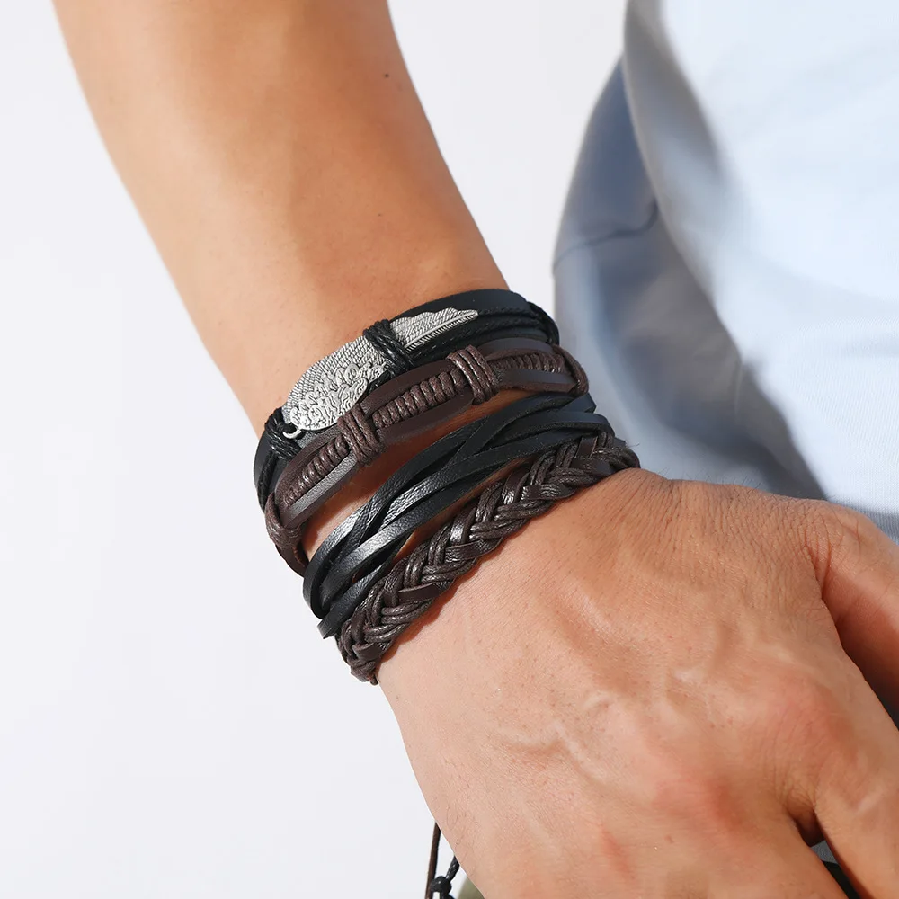 4pcs Vintage Woven Leather Bracelets For Men Retro Feather Twists Rope Chain Braided Leather Bracelets Gifts For Friend