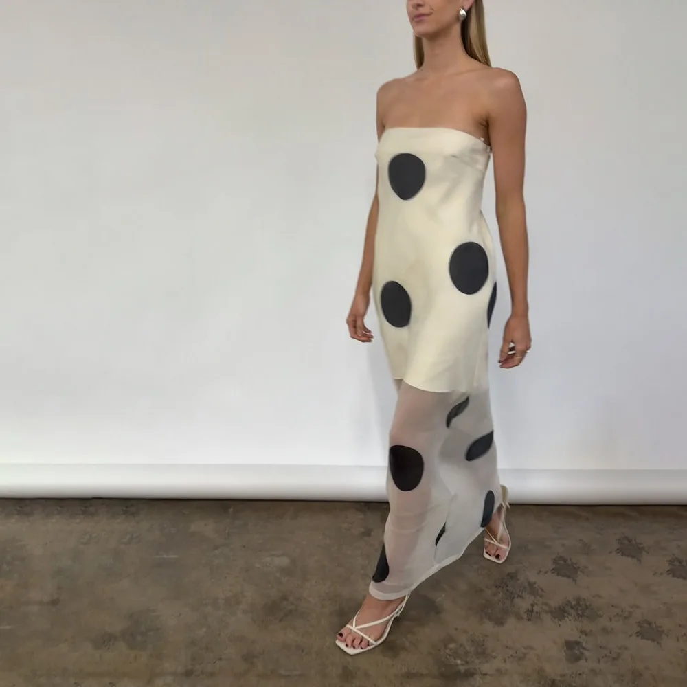 Polka dot impresso dupla camada feminina maxi vestido sexy ver através de malha vestido de verão magro elegante festa vestido de noite