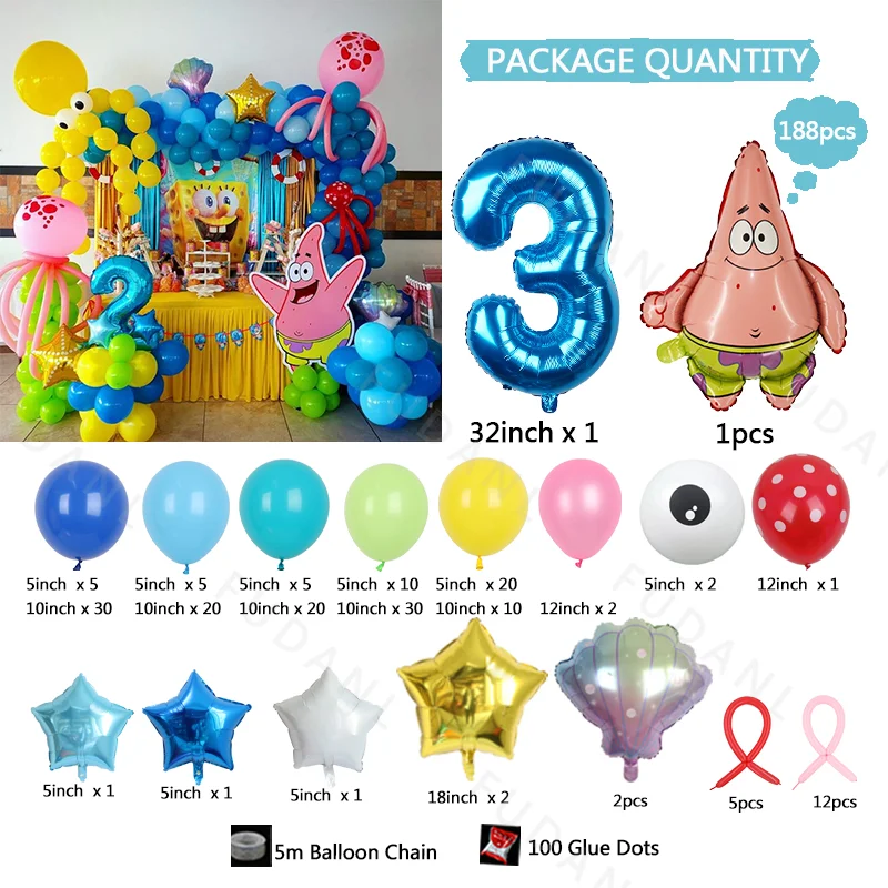 188pcs Blauwe Latex Ballon Boog Kit Cartoon SpongeBob Pie Grote Ster Thema Verjaardagsfeestje Decor Bal Baby Douche Geslacht onthullen Gift