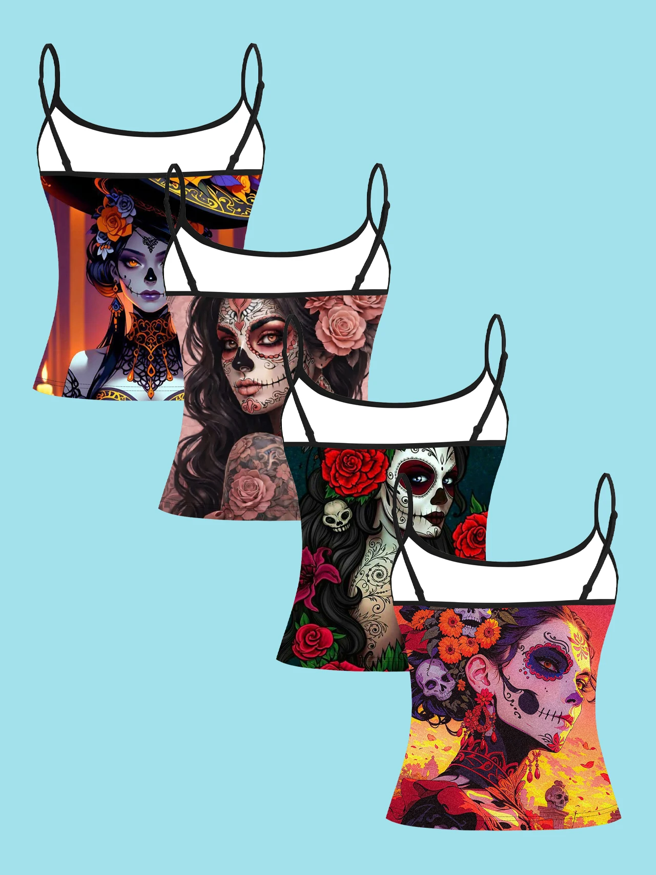 4-Piece Set of Day of the Dead Rose Sugar Skull Beauty Print Camisole Tops for Women, Mexican Style Spaghetti Strap Slim Fit Inner Wear