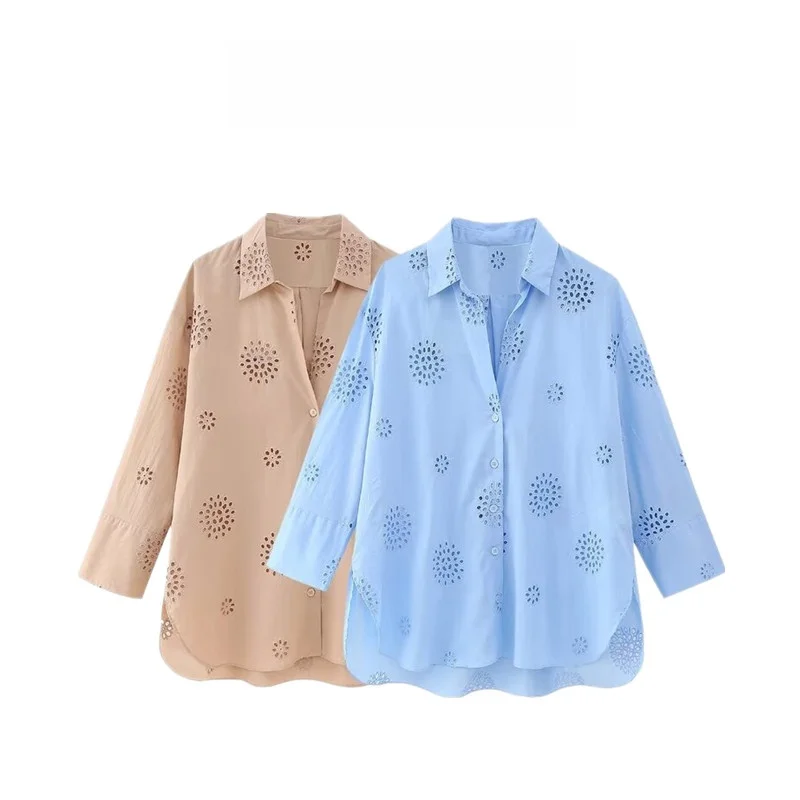 เสื้อผู้หญิงทรงหลวมอเนกประสงค์ ปักลายฉลุ ดีไซน์ใหม่สำหรับฤดูใบไม้ร่วง สไตล์เรียบหรู สีพื้น เหมาะสำหรับใส่ทำงาน แขนยาว แต่งกระดุม