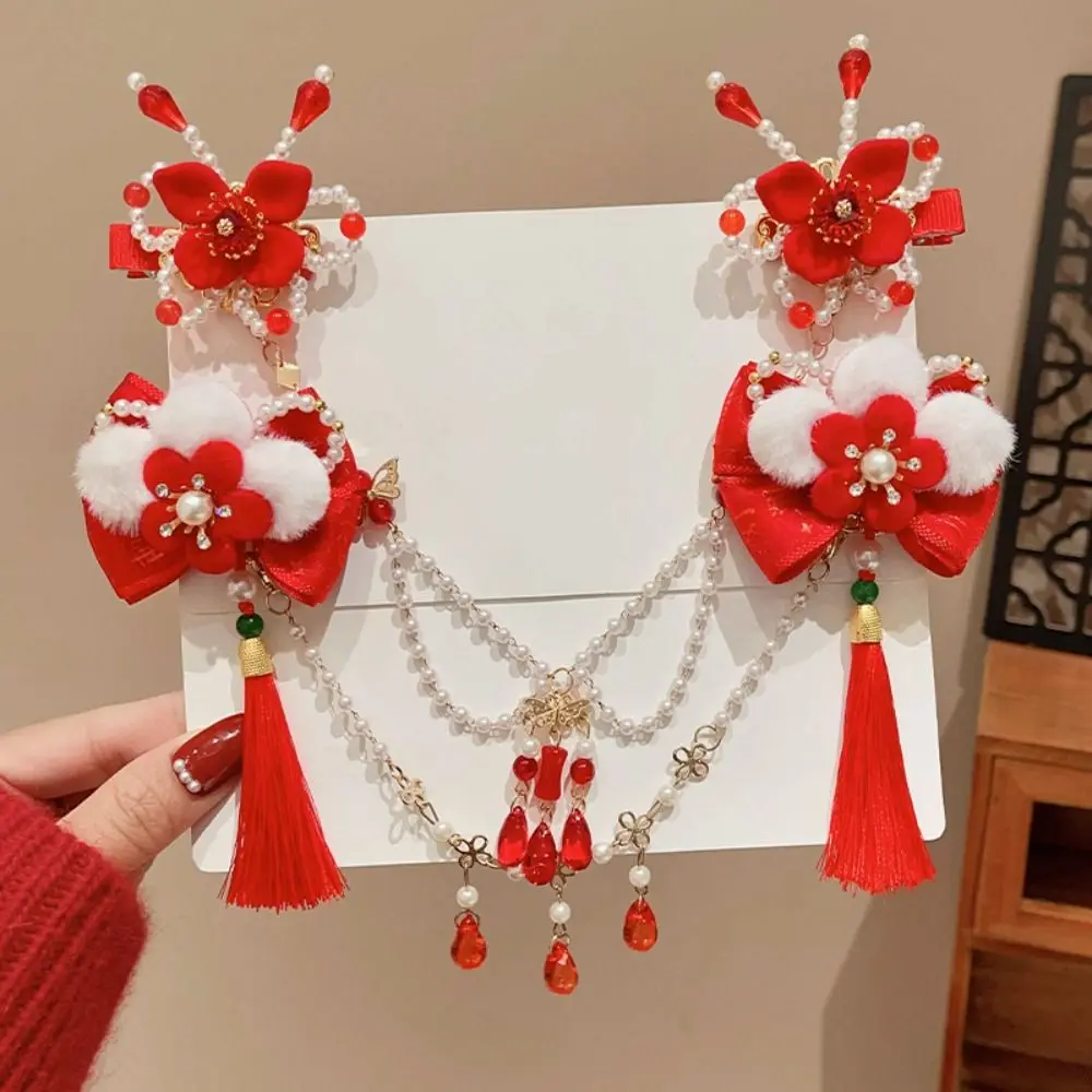 

Princess Children's New Year Hairpin Hanfu Headwear Forehead Chain Chinese Style Red Barrettes Tassel Sweet