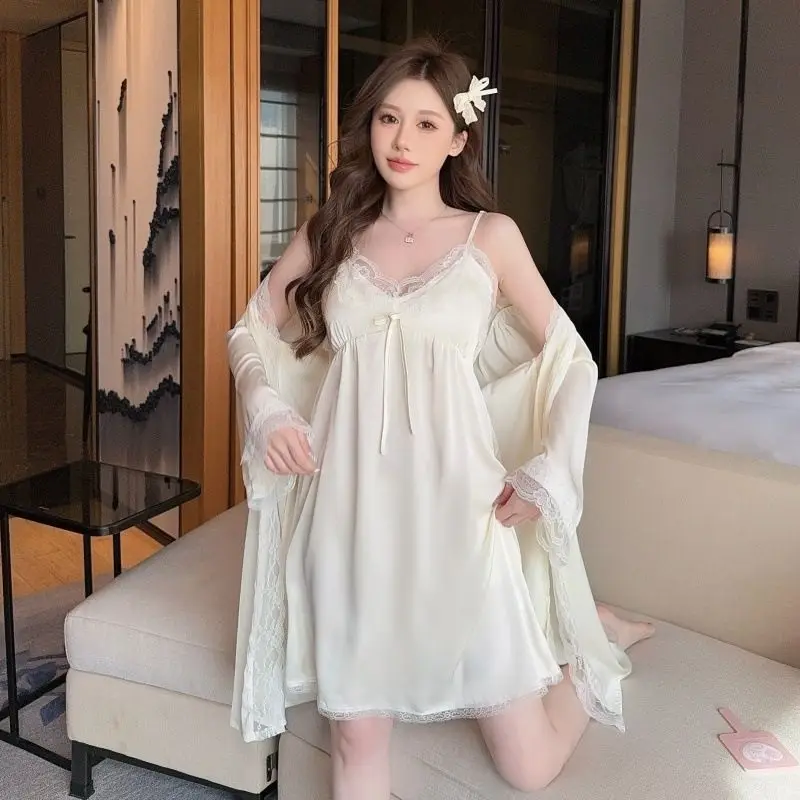 

2025 New Ice Silk Pajamas Women's Spring Autumn Thin Sexy Lace Suit with Chest Pad Pure Desire Wind Hanging Skirt Loungewear