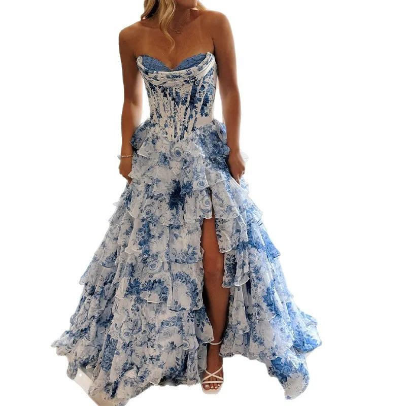 NovelTeez Women's Sexy Strapless Tiered Dress - Floral Print Party Gown with High Slit & Backless Detail