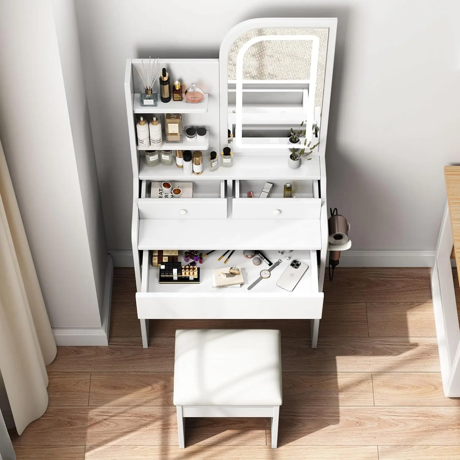 A small dressing table with power socket, a mini white dressing table with mirror and light, and a stool image 3