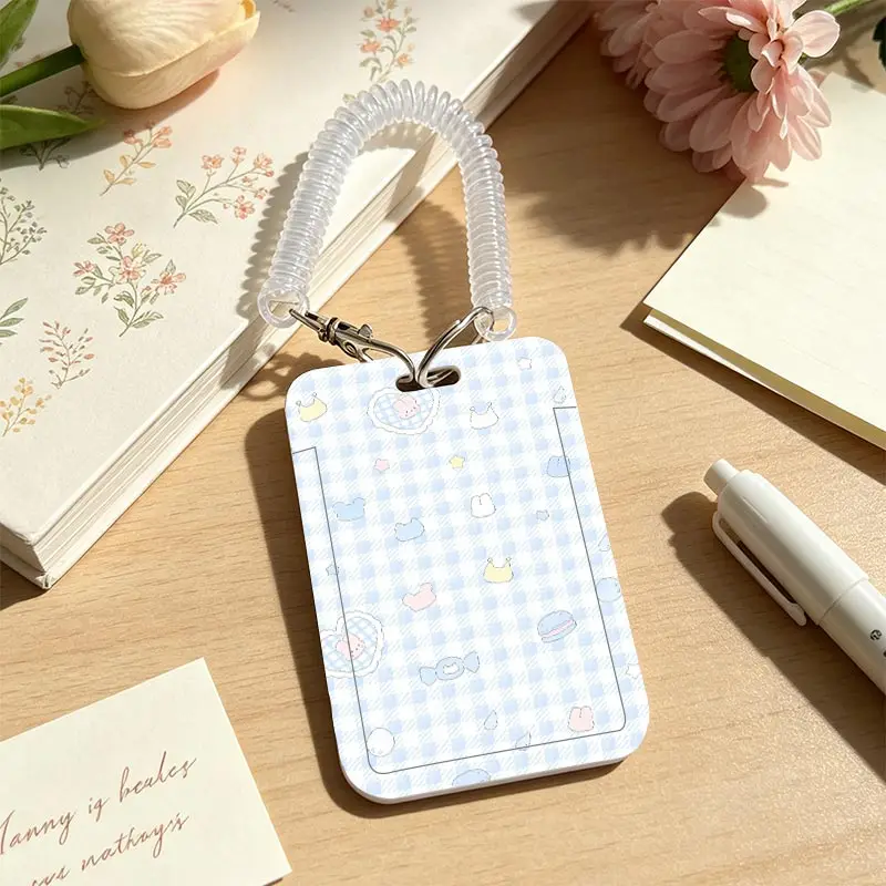 Blue Checkered Card Holder for Credential Badge Holder Pendant Keychain Student Bus/Meal Card Protection Case with Spring Rope