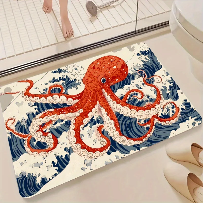VIKAMA Willkommens-Fußmatte mit Oktopus-Wellen-Motiv, waschbar, rutschfest, für Badezimmer, Wohnzimmer, Schlafzimmer, Teppich, Heimdekoration