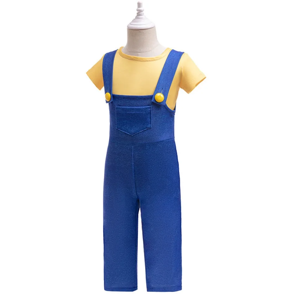 Striped Short Sleeve Shirts Blue Glitter Overalls 2pcs Kids Cartoon Cosplay Outfit Boys Halloween Birthday Party Costume TAN06