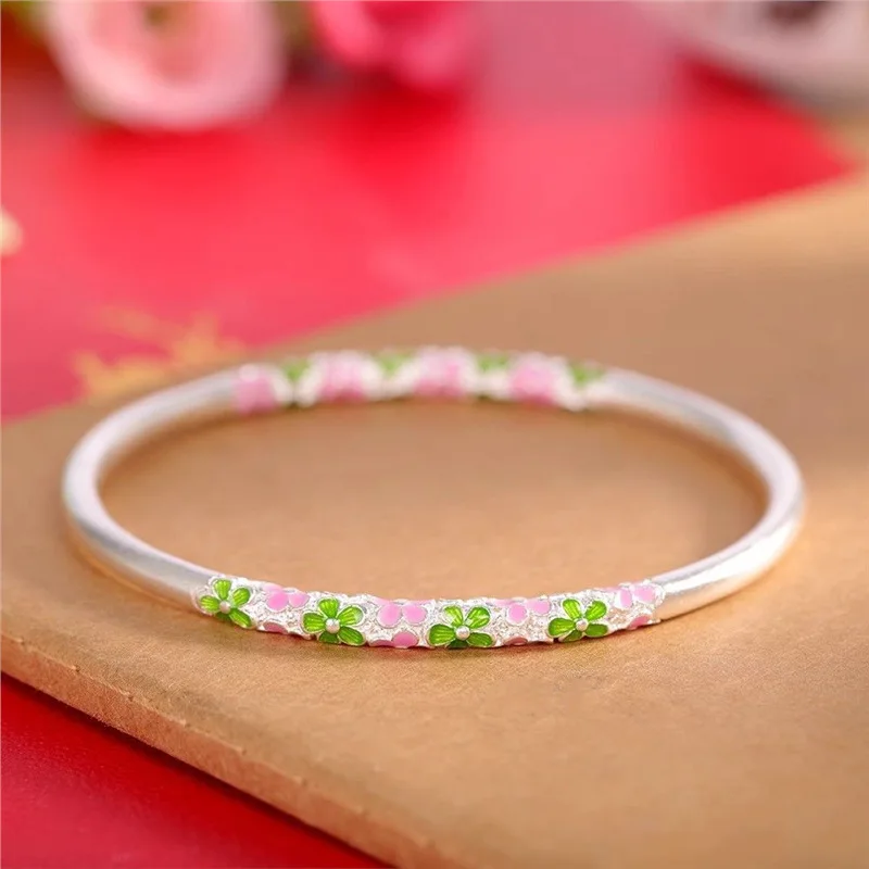 

Enamel Color Bracelet Women 9999 Ancient Method Plain Closed Mouth Plum Blossom Silver Bangle